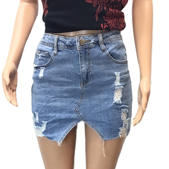 Dollhouse Asymmetrical Distressed Raw Hem Stretch Denim Mini Skirt Size 11 - Picture 2 of 8